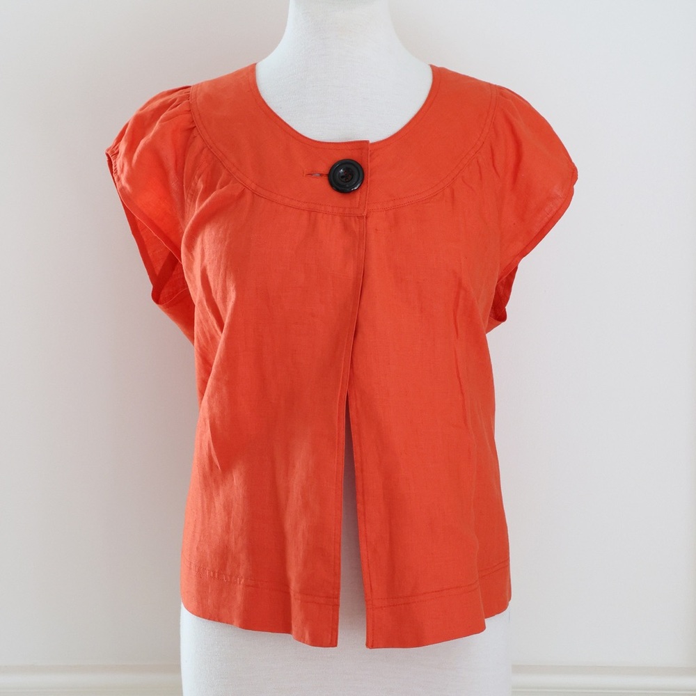 Luii Orange Linen Single Button Short Sleeve Flyaway Jacket Pockets Size Large
